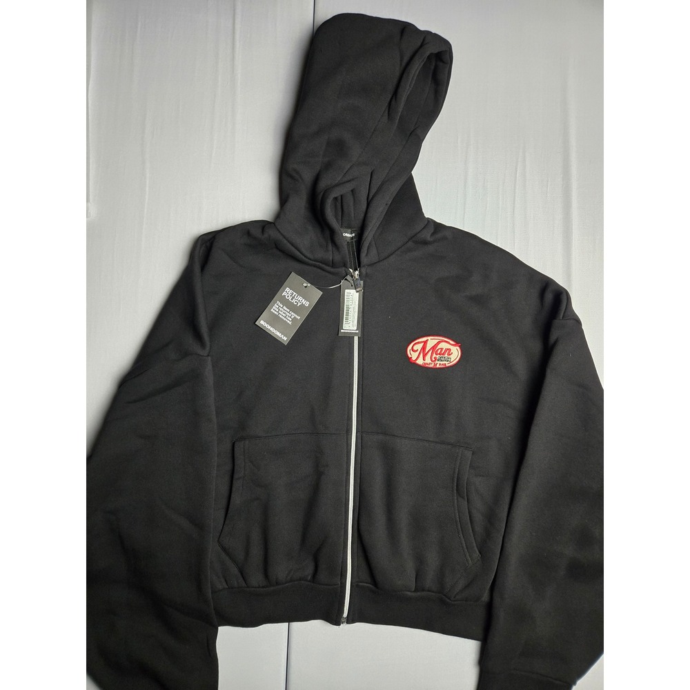 BoohooMAN Mens Cropped Zip Up Hoodie Black Fleece Man Workwear Patch Large